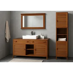 Teak-Badezimmer-Set HWC-M87, Waschtisch Hochschrank Wandspiegel Badezimmer, hochwertiges B-Grade-Tea