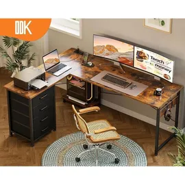 luxuskollektion Eckschreibtisch L Form mit Schubladen und Steckdosen, Vintage-Braun