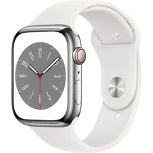 Apple Watch Series 8 GPS + Cellular 45 mm Edelstahlgehäuse silber, Sportarmband weiß