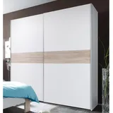Stella Trading PULS Eleganter Kleiderschrank mit viel Stauraum - Vielseitiger Schwebetürenschrank in Weiß, Bauchbinde Eiche Sonoma - 170 x 195 x 58 cm (B/H/T)