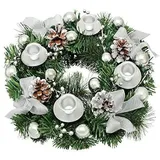 Adventskranz Künstlich Geschmückt 30cm, Weihnachtskranz Tisch Metall, Tischkranz Weihnachten Natur, Weihnachtsgesteck Modern, Tischdeko Kerzenständer, Weihnachtsdeko Innen Amerikanisch (Silber)