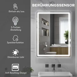 Homcom Badspiegel, mit Touchschalter, Memory-Funktion, beschlagfreier Wandspiegel, Wasserdicht - Silber