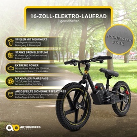 Actionbikes Motors Elektro-Laufrad, 16 Zoll Kinder-Balance-Bike m. 250 Watt, Scheibenbremsen, 3 Geschwindigkeitsstufen (Gelb)