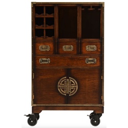 Casa Padrino Luxus Vintage Stil Barschrank mit Rollen Braun 74 x 37 x H. 123 cm - Massivholz Weinschrank - Vintage Stil Bar Möbel - Luxus Bar Möbel - Massivholz Bar Möbel