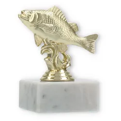 Pokal Kunststofffigur Flussbarsch gold auf weißem Marmorsockel 10,8cm