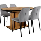 otto home Essgruppe Basel, Tischgruppe mit 4 Stühlen, Esstisch ausziehbar 140 - 180 cm, (Set, 5-tlg., Otto's DAUERTIEFPREIS), BESTSELLER, Sitzgruppe, Tisch, Stühle, ovale Tischplatte, Säulentisch beige|grau