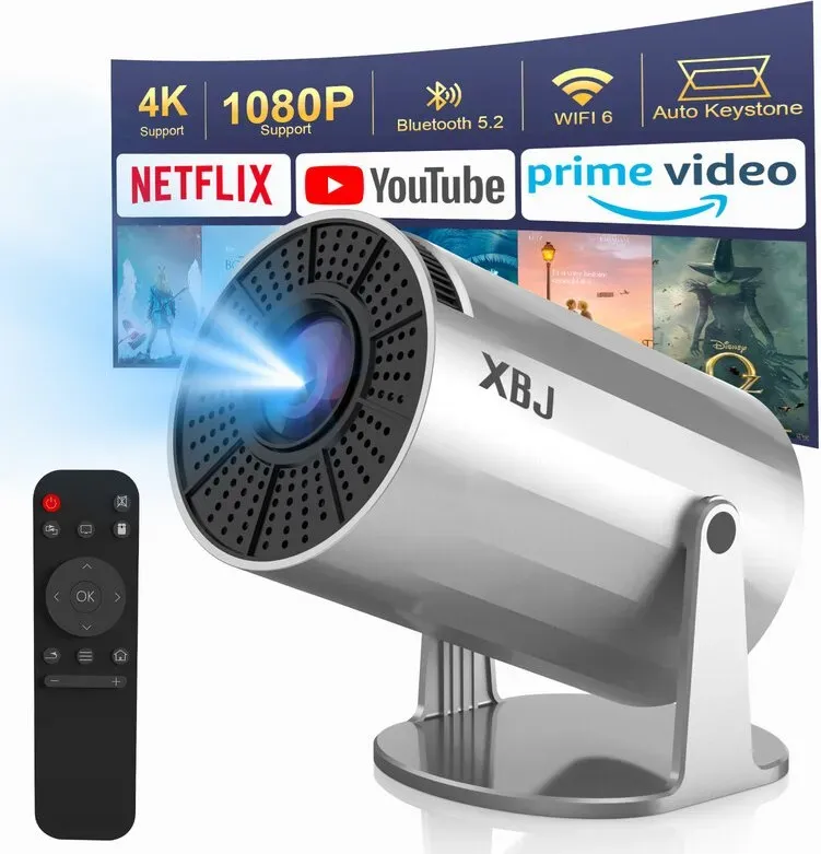【Verbesserte Version】XBJ Tragbarer Silber-Beamer mit WiFi 6 & Bluetooth 5.2, Smart Mini-Beamer, 1080P HD (4K-Entschlüsselung), Android 11 System, automatische Trapezkorrektur + 180° drehbar, 200 ANSI, 40–200 Zoll Bildschirm für Schlafzimmer/Innen-/Außenbereich/Heimkino