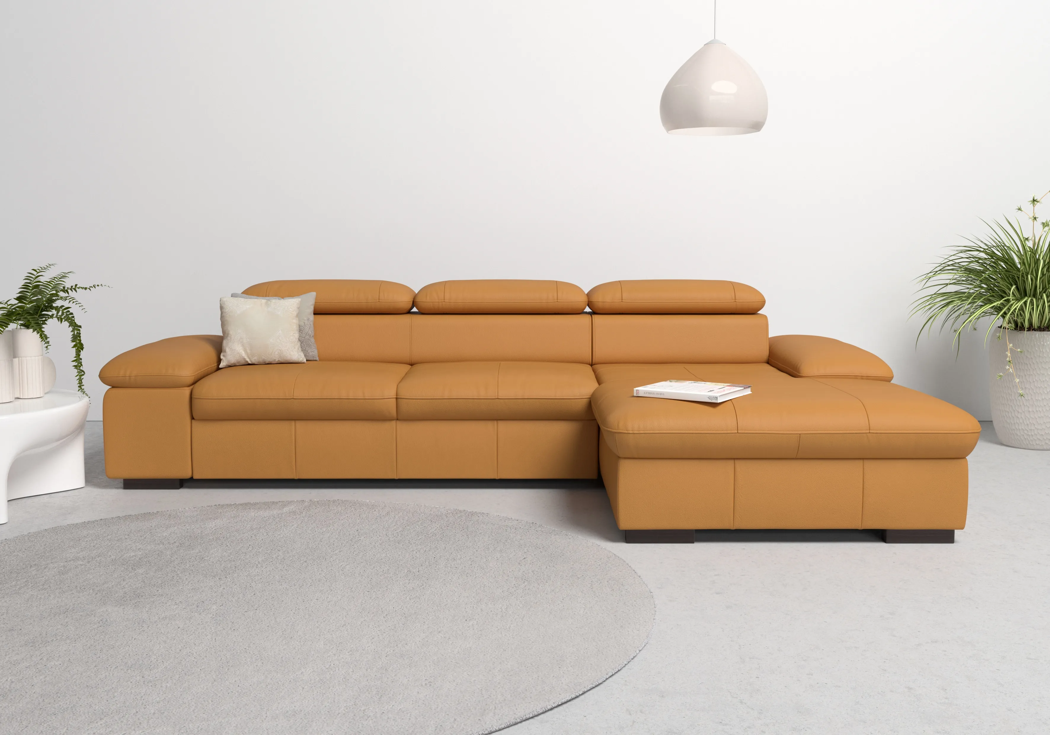 Ecksofa HOME AFFAIRE "Alberto L-Form", gelb (curry), B:286cm H:73cm T:174cm, Luxus-Microfaser Lederoptik (100% Polyester), Luxus-Microfaser ALTARA NUBUCK (100% Polyester), Luxus-Microfaser weich (90% Polyester, 10% Polyamid), Microfaser Antiklederoptik, Sofas, mit Kopfteilverstellung, wahlweise mit Bettfunktion