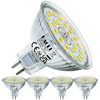 EACLL GU5.3 LED Kaltweiss 6W Ersetzt 50W Halogen MR16 Glühbirne, 4er-Pack, 595 Lumen 6000K Leuchtmittel, AC/DC 12V Flimmerfrei Strahler, Abstrahlwinkel 120 Grad Spot, Nicht Dimmbar Reflektorlampen