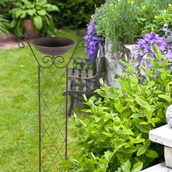 Vogeltränke mit Ständer Vogelbad, Rankengitter mit Erdspieß Frostsicher antik-braun, 19 cm BxH 30x82 cm, Garten