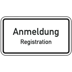 Schild I Hinweisschild Anmeldung/Registration, 2-sprachig, Aluminium RA0, 600x330mm, DIN 67520