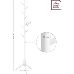 Garderobenständer 175 x 47 x 47 cm, Kleiderständer aus 3,8 cm d Massivholz, robust, Garderobe in Baumform, 8 Haken, 3 verstellbare Höhen, weiß