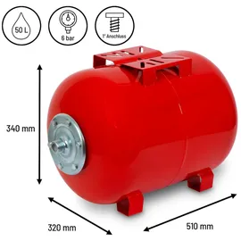 Eberth Ausdehnungsgefäß 50L, 6 bar, Druckerhöhungsanlage, 1" Anschluss für Hauswasserwerk, Brunnenpumpe, Lackierter Stahl, Horizontal, 0.9mm Wandstärke