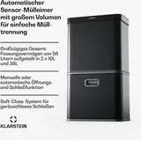 Klarstein Touchless Sensor-Mülleimer - 56L Küchen-Abfalleimer mit Bewegungssensor, 3-in-1-Mülleimer, Trennsystem, Soft-Close, Edelstahl, Schwarz
