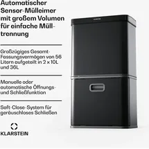 Klarstein Touchless Sensor-Mülleimer - 56L Küchen-Abfalleimer mit Bewegungssensor, 3-in-1-Mülleimer, Trennsystem, Soft-Close, Edelstahl, Schwarz