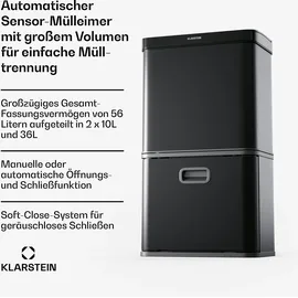 Klarstein Touchless Sensor-Mülleimer - 56L Küchen-Abfalleimer mit Bewegungssensor, 3-in-1-Mülleimer, Trennsystem, Soft-Close, Edelstahl, Schwarz