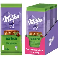 Milka Schokolade Extra Ganze Haselnüsse – Alpenmilch-Schokolade mit knackigen ganzen Haselnüssen – 12 x 190g