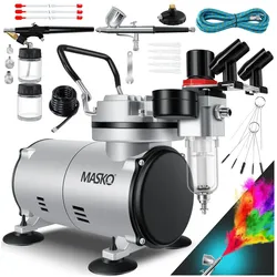MASKO® Airbrush-Set mit Kompressor 4 bar inkl. Airbrush-Pistolen   Lackierpistole Komplett-Set Tattoo Kunst Malerei   Nadeln & Düsen im Zubehör   Multifunktions Dual-Set mit Manomter & Luftfilter