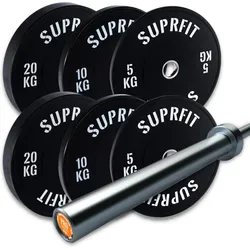 Suprfit Econ Bumper Plates White Logo Set, 70 kg Set Pro Training Bar - 15 kg One Size