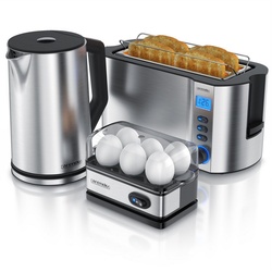 Arendo Frühstücks-Set (3-tlg), Wasserkocher 1,5l, 4-Scheiben Toaster, 6er Eierkocher, Silber silberfarben