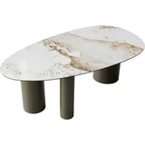 DeLife Esstisch Edge Oval 220x120 Keramik Minas Melange Weiß-Beige Troa Metall Effektfinish Titan - Beige/Weiß