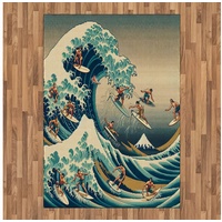 Teppich Flachgewebe Deko-Teppiche für das Wohn-,Schlaf-, und Essenszimmer, Abakuhaus, rechteckig, Japanische Welle Surfer Ukiyo-e Ozean blau|grün 160 cm x 230 cm
