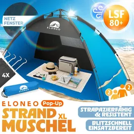eloneo Pop Up Strandmuschel UV Schutz 80+, Leichter Aufbau und kleines Packmaß inkl. Tragetasche, Sonnenschutz & Windschutz für Babys und Erwachsene, Blau, 190x100x110 cm