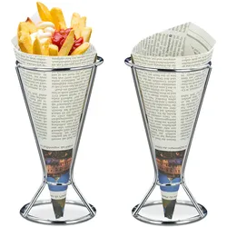 Relaxdays Pommeshalter, Edelstahl, Spitztüten mit Pommes, Chips, Gemüse, Snackhalter, HxD 16 x 9,5 cm, Silber, 2 Stück