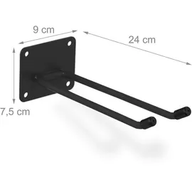 Relaxdays Gerätehalter 3er Set, Doppelhaken, Besenhalter für die Wand, Garten, HxBxT: 7,5 x 9 x 24 cm, Stahl, schwarz