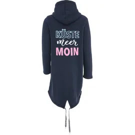 Zwillingsherz Jerseymantel ""Küste Meer Moin"", Damen, Gr. XS, blau (marine), Sweatware, Obermaterial: 50% Baumwolle, 50% Polyester, lässig geschnitten knielang, V-Ausschnitt, Mäntel, mit Kapuze, Taschen, Front und Backmotiv Küste Meer Moin