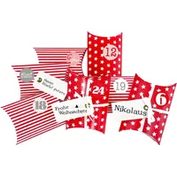 Frau WUNDERVoll® DIY Adventskalender zum Befüllen Christkind, Kissenschachteln 15x11x4,5cm rot Sterne und Streifen, Ziffern rosa-rot - Rot