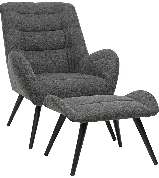 Fauteuil et repose-pieds design en tissu gris foncé et métal noir ZOE