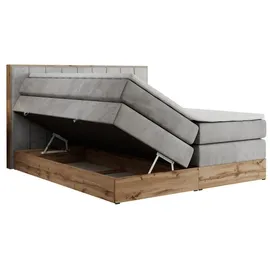 MKS Meble King Boxspringbett 180x200 mit Bettkasten Eiche, Polsterbett 180x200 mit Matratze H3, Bett 180x200 mit Rahmen in Wotan Eiche und Kopfteil... - Hellgrau