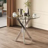 Sweiko Runder Esstisch, 80x80x75 Tischplatte aus gehärtetem Glas, moderner Esstisch, galvanisierte Tischbeine, Kaffee-Freizeittisch, moderner einf... - Silber