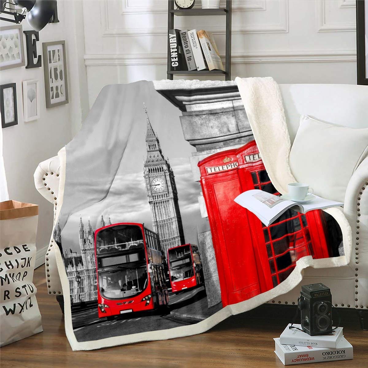 Modernes Stadtbild Wohndecke London Flanell Fleecedecke für Schlafsofa Couch Retro-Telefonzelle The Big Ben Print Decke Rot Grau Berühmtes europ?isches Stadtzimmerdekor 150x200cm