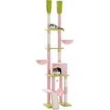 PETEPELA Kratzbaum deckenhoch Katzenturm mit großen Condo einstellbare Höhe 216cm-285cm, 5 Tiers Katzensaktivitätszentrum mit gemütlichen Hängematte, Plattformen und Dangling Balls rosa