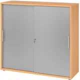 bümö Schiebetürenschrank 3OH - Aktenschrank abschließbar, Sideboard Schrank mit Schiebetüren in Buche/Silber, Relinggriff - Büroschrank aus Holz mit