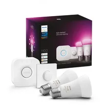 Philips Hue White & Color Ambiance Starter Set mit E27 Lampen 2-er Pack (1100), Smart Button + Hue Bridge, 16 Mio. Farben per Sprache und App steuerbar