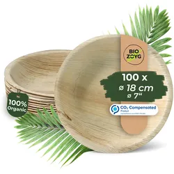 BIOZOYG 100 Stück Einwegteller Ø 18cm Palmblatt-Teller, rund, biologisch abbaubar, umweltfreundlich, kompostierbar, wiederverwertbar, Wegwerfteller