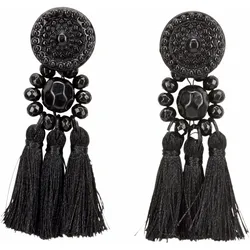 Paar Ohrstecker FIRETTI "mit 3 kleinen Quasten, schwarz", schwarz (schwarz, schwarz), Ohrringe, Damen, Metall-Textil-Kunststoff, Metall, Textil, Kunststoff