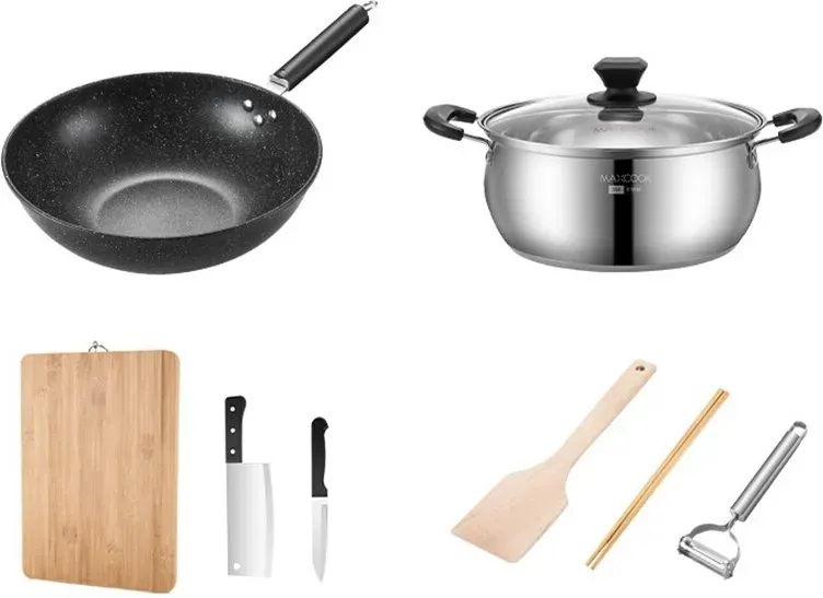 Maxcook Töpfe und Pfannen 8-teiliges Kochgeschirr – Bratpfanne, Suppentopf, Schneidebrett, Küchenmesser, Essstäbchen, Holzspatel, Schälmesser, Messer