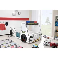 Aileenstore Autobett Kinder 90x200 cm Feuerwehrbett "Rio Firetruck" mit LED-Licht und Sirenenoptik