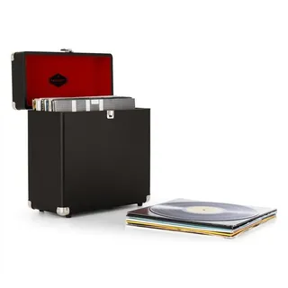Auna TTS6 Vinylbox Plattenkoffer Leder Nostalgie 30 LP, Kunstleder, Retro-Design, Innenpolsterung aus Samt, Metallschutzecken, Schloß, Klappdeckel, stabil, schwarz