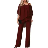 JIAALU Hosenanzug Damen Zweiteiler Chiffon Shirt Tüll Abendanzug Sets Elegant Vintage 2-Teiliges Set Outfit Hohe Taille Hosenanzug Cocktail Party Festlich Hosenanzug - L