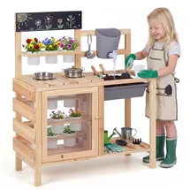 Fantask COSTWAY Küchenspielzeug Kinder Outdoor Spielküche mit Herd, Spüle, Wassertank, Pflanztöpfen ... - Naturbelassen
