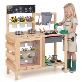 Fantask COSTWAY Küchenspielzeug Kinder Outdoor Spielküche mit Herd, Spüle, Wassertank, Pflanztöpfen ... - Naturbelassen