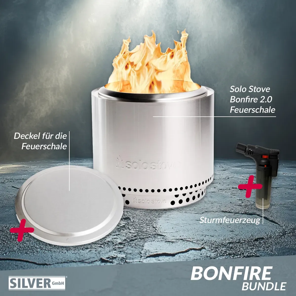 Solo Stove BONFIRE 2.0 Edelstahl Bundle inkl. Edelstahl Deckel + Standfuß + Trag...