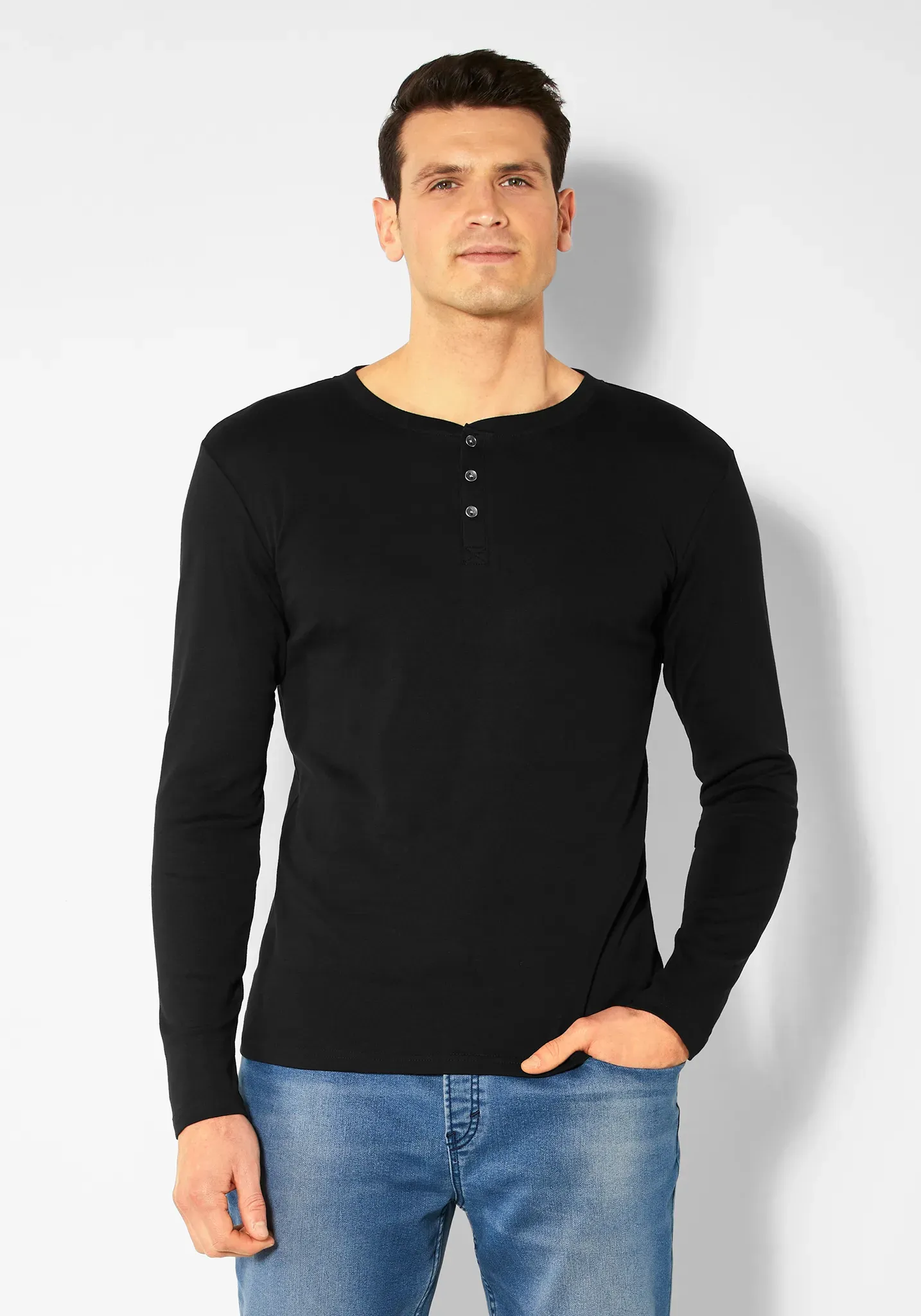 Langarmshirt H.I.S Gr. XXL, schwarz Herren Shirts mit aufwendiger Knopfleiste