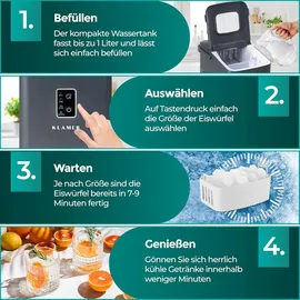 Klamer Eiswürfelmaschine klein (2025), 8 Eiswürfel in 8 Minuten, 11 kg Eiswürfel pro Tag, 2 Eiswürfelgrößen, 1 L Wassertank, Geräuscharmer Eiswürfelb...