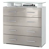 Vladon Kommode Pavos V2 (Kommode, mit 4 Schubladen und Glasablage), Weiß matt/Sandgrau Hochglanz (76 x 81 x 35 cm) grau